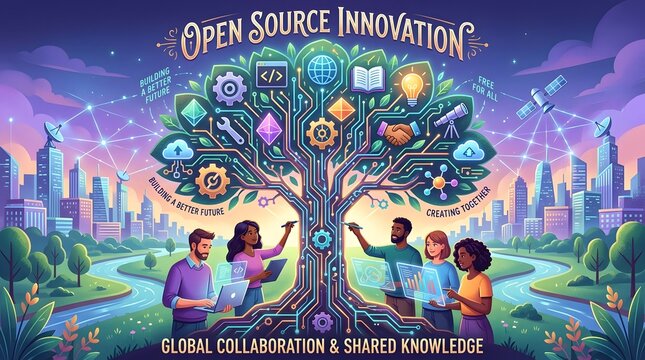 Vibrant vector illustration concept of an open-source knowledge tree surrounded by people learning, technology icons, and city skyline.