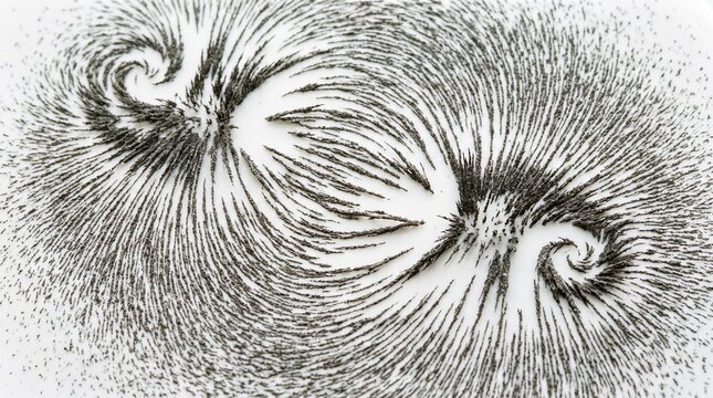 Intricate patterns formed by iron filings revealing the invisible forces of a magnetic field on a crisp white surface, showcasing fundamental principles of physics and electromagnetism