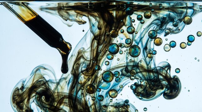 Fascinating fluid dynamics captured as a drop of dark liquid merges into clear water, producing mesmerizing abstract patterns and a vibrant array of spherical air bubbles