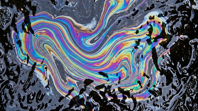 Mesmerizing Iridescent Oil Slick on Water Creating a Rainbow Spectrum of Colors, Highlighting Environmental Impact and Chemical Interaction