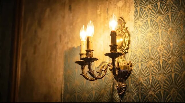 Vintage wall sconce lighting up against patterned wallpaper