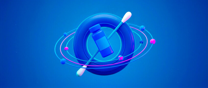 Stylized matte clay medical test bottle and swab cotton stick centered in blue torus ring with orbital spheres. Graphic background for gynecology, laboratory diagnostics and medical screening