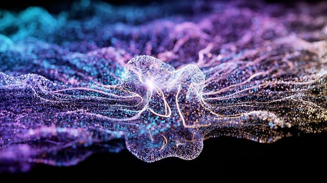 Abstract terrain of glowing blue and purple particles.