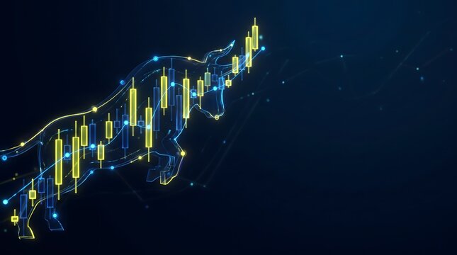 Abstract digital financial chart with glowing candlestick patterns showing upward market growth on a dark blue background