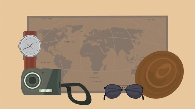 Animation of travel equipment on world map background including camera watch hat and sunglasses.