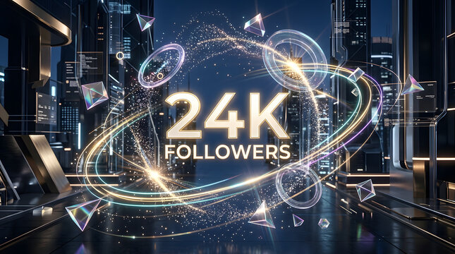 24K Followers Celebration Banner With Futuristic Neon Rings, Gold Sparkle and Digital City Background
