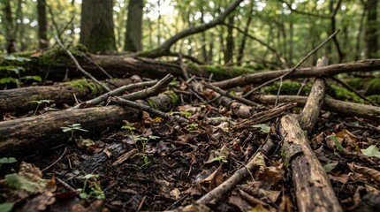 Fototapeta premium Young Plant Sprouting on Regenerating Forest Floor with Fallen Wood Branches 