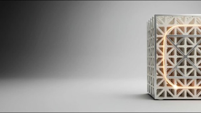 Intricate structural lattice cube with glowing circular light trail and metallic framing against