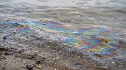 Naklejka premium Rainbow Oil Slick Floating on Shallow Water Surface Near Sandy Shore 