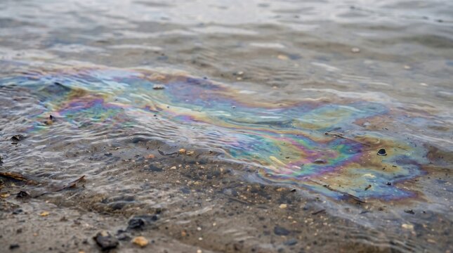 Rainbow Oil Slick Floating on Shallow Water Surface Near Sandy Shore
