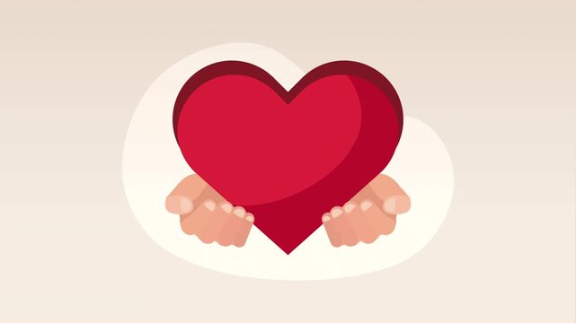 Flat vector animation of hands holding big red heart symbol representing love compassion and charity on neutral background.