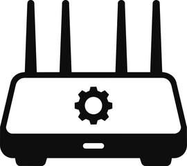 Obraz premium Wireless router with four antennas and a gear symbol, representing network configuration and smart home connectivity