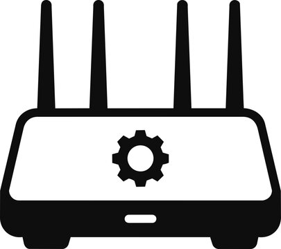 Wireless router with four antennas and a gear symbol, representing network configuration and smart home connectivity