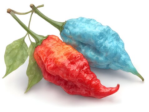 A pair of ghost peppers, one vibrant red and the other an unusual sky blue, displayed on a clean white background
