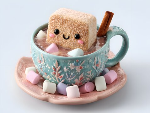 Cute marshmallow character with face in a mug of hot chocolate with cinnamon stick and mini marshmallows