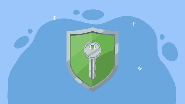 Animated green shield with a silver key inside, symbolizing security and protection, abstract background.