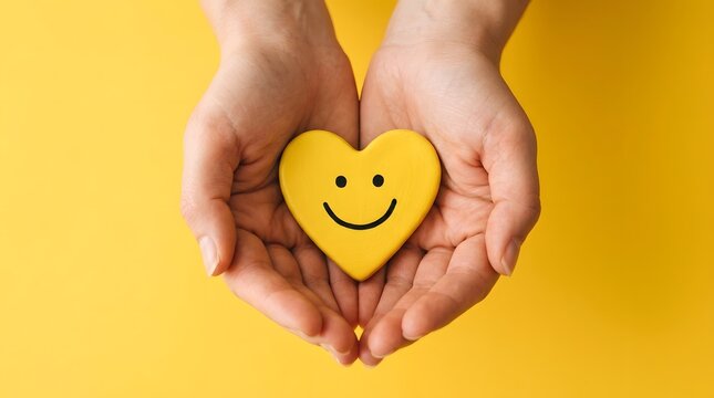 Hands holding a yellow heart with a smiley face against a bright yellow background