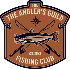Fototapeta premium Vintage Angler's Guild Fishing Club Badge with Fish and Fishing Rods