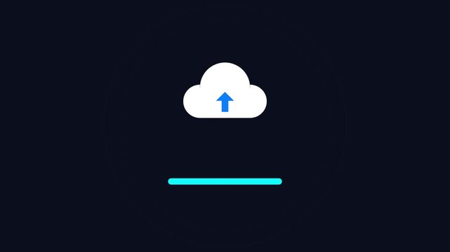 Digital cloud upload animation with progress bar and success mark