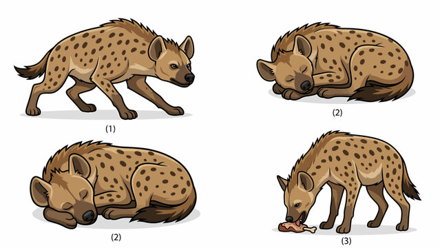 Illustration of a hyena in four different poses: standing, sleeping, and eating meat.