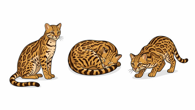 Three illustrations of an ocelot cat in different poses on a white background.