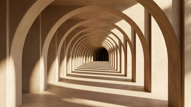A long stone corridor features a series of repeating arches creating a deep perspective.