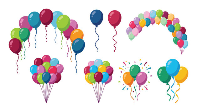 Colorful celebration balloons vector set with party arches and festive bouquets isolated on white background for birthday graphic design