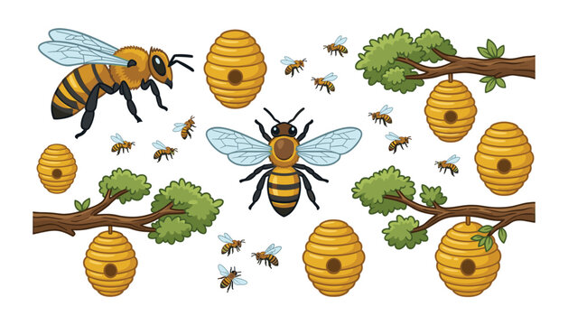 Cartoon honey bee vector set with hives hanging on tree branches isolated on white background for design
