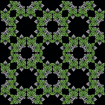Geometric Green and White Ornamental Pattern on Black Background