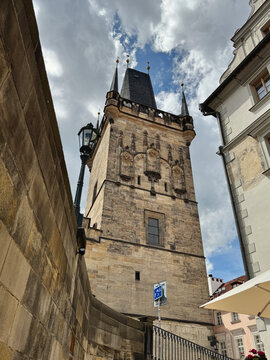 The medieval gate tower at Charles Bridge in Prague, Czechia