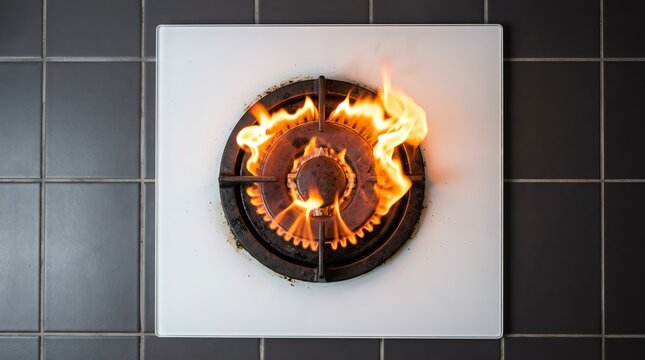 Bright orange fire flames burning on a modern gas stove burner cooktop