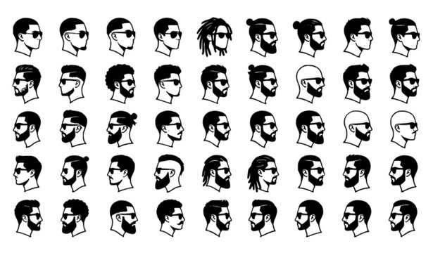 Large Collection of Stylish Man Face Profiles Sunglasses Black Silhouette Vector Art