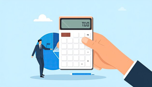 Tiny businessman and hand with calculator with Pie chart. New taxes. Excise tax and banking. Modern vector illustration in flat style