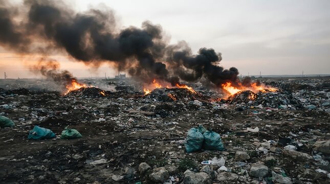 Thick black smoke and flames rising from burning waste heaps in a massive municipal garbage landfill site