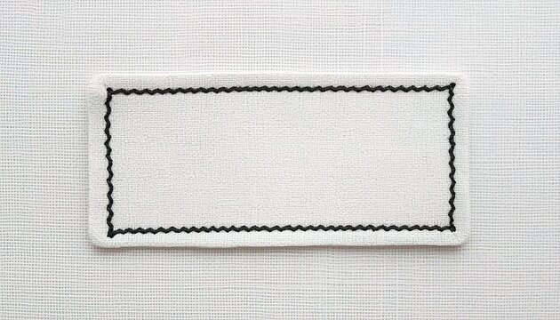 Blank linen fabric tag with a rectangular shape and decorative black zigzag stitching around the border, isolated on transparency.