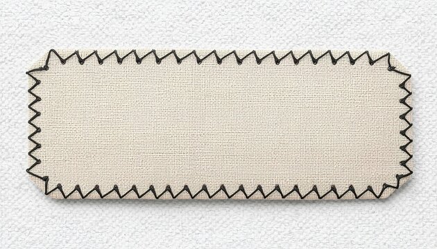 Blank linen fabric tag with a rectangular shape and decorative black zigzag stitching around the border, isolated on transparency.