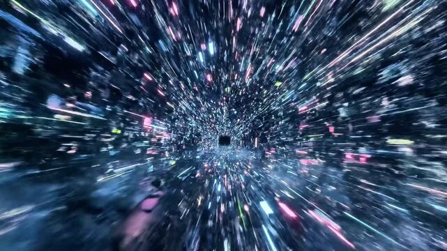 Colorful light trails in fast motion warp speed