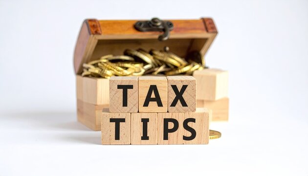 Tax tips symbol. Concept word Tax tips on beautiful wooden blocks. Beautiful white paper background. Beautiful wooden chest with coins.