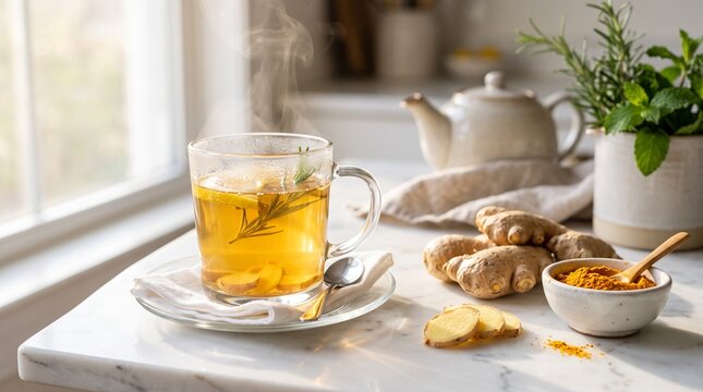 A steaming glass mug of herbal tea infused with sliced lemon and rosemary sits on a marble countertop beside fresh ginger roots turmeric powder and green herbs in a bright sunny kitchen