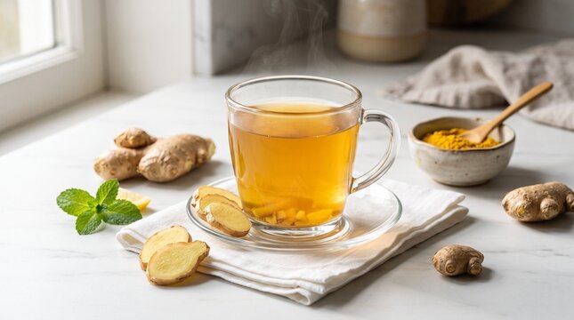 A refreshing glass mug filled with warm herbal infusion rests upon a neatly folded napkin alongside freshly sliced roots and aromatic spices on a marble countertop during the morning hours