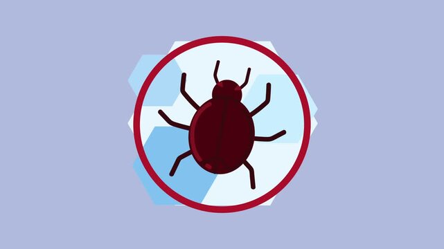 Animated insect icon motion graphic, red bedbug symbol on abstract blue background, pest control concept footage.