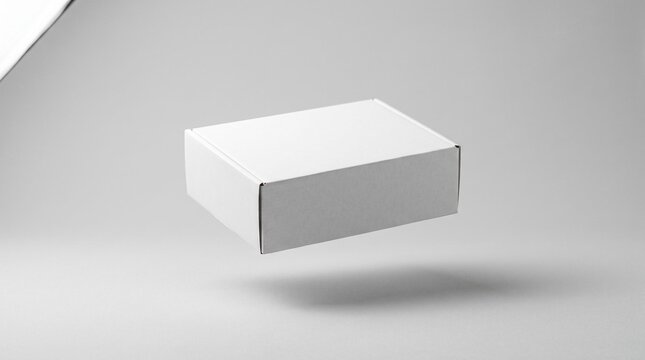 A small cardboard container floats gently above the surface while casting a soft shadow underneath its rectangular frame showcasing packaging design concepts for shipping commercial goods