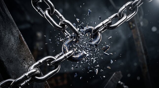 A heavy metal link snaps suddenly under extreme pressure, scattering tiny sharp fragments into the air while symbolizing ultimate freedom and the dramatic breaking of historical limitations