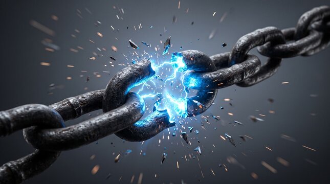 A heavy metal chain breaks apart violently under immense pressure releasing bright electric energy sparks and shattered fragments symbolizing freedom and the ultimate liberation from constraints