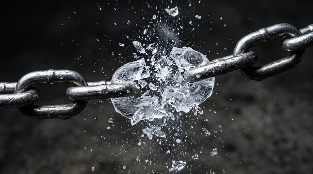 A heavy metal chain snaps explosively as a frozen link shatters into countless tiny sparkling shards of ice, capturing a dramatic moment of sudden failure and released tension
