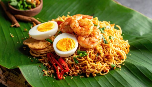 Traditional Indonesian fried noodles served on a banana leaf, topped with shrimp, boiled egg, and crackers