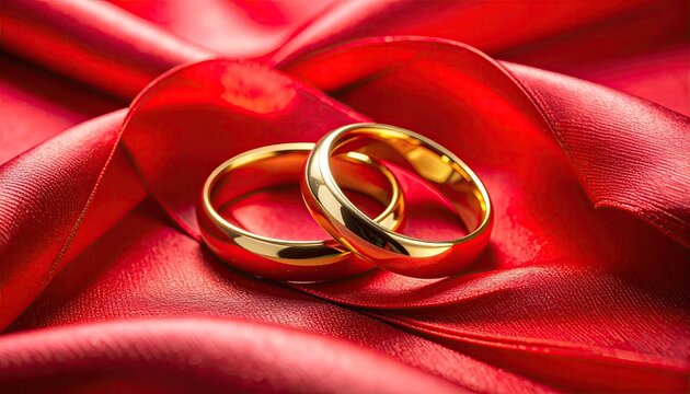 Two gold wedding rings lie elegantly on a vibrant red satin ribbon, symbolizing romance and commitment