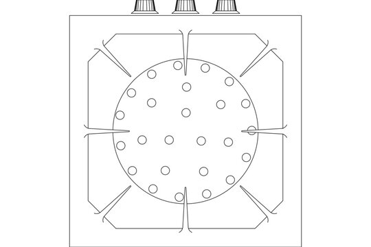 Technical architectural or industrial line art drawing showing a top-down plan view of a single-burner commercial gas stove, heavy-duty cooker, or industrial hot plate featuring a large central burner