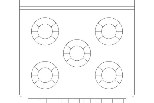 Technical CAD plan view of a five-burner gas cooktop featuring four corner burners and a central burner, with control knobs along the bottom edge.