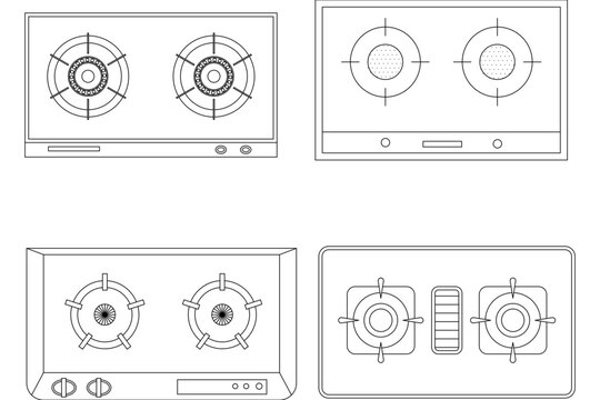 Technical CAD plan views of four different two-burner kitchen cooktops, showing gas hobs with grates and electric models with control panels.